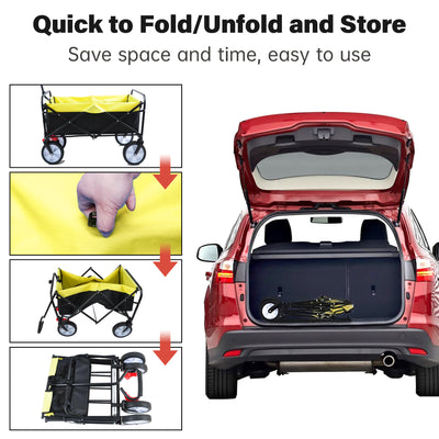 Segmart Wagon Utility Cart, Folding Outdoor Beach Wagon with Adjustable Handle & 2 Mesh Cup Holders, Wagon Perfect for Camping, Concerts, Sporting Events, Beach, 150lbs, Black + Yellow, S10484