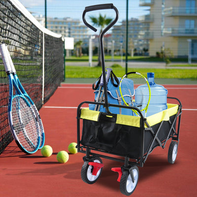 Segmart Wagon Utility Cart, Folding Outdoor Beach Wagon with Adjustable Handle & 2 Mesh Cup Holders, Wagon Perfect for Camping, Concerts, Sporting Events, Beach, 150lbs, Black + Yellow, S10484