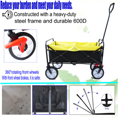 Segmart Wagon Utility Cart, Folding Outdoor Beach Wagon with Adjustable Handle & 2 Mesh Cup Holders, Wagon Perfect for Camping, Concerts, Sporting Events, Beach, 150lbs, Black + Yellow, S10484