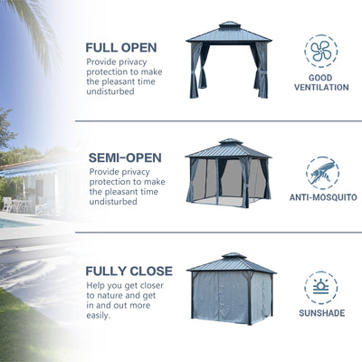 Segmart 10' x 12' Hardtop Gazebo Outdoor, Galvanized Steel Aluminum Metal Double Roof Gazebo with Netting and Curtains, Permanent Patio Gazebo Pavilion for Backyard, Deck, Lawn, Gray