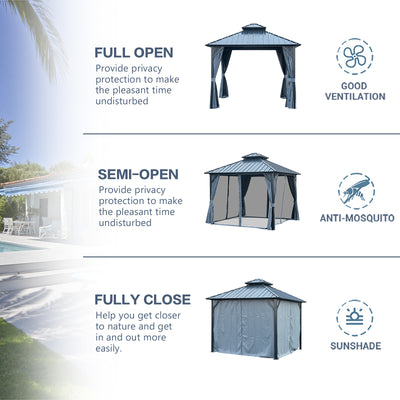 Segmart 10' x 10' Hardtop Gazebo Outdoor, Galvanized Steel Aluminum Metal Double Roof Gazebo with Netting and Curtains, Permanent Patio Gazebo Pavilion for Backyard, Deck, Lawn, Gray
