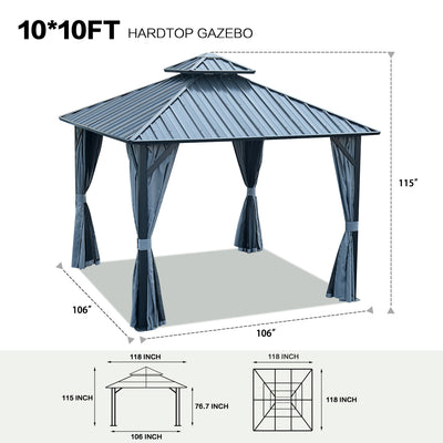 Segmart 10' x 10' Hardtop Gazebo Outdoor, Galvanized Steel Aluminum Metal Double Roof Gazebo with Netting and Curtains, Permanent Patio Gazebo Pavilion for Backyard, Deck, Lawn, Gray