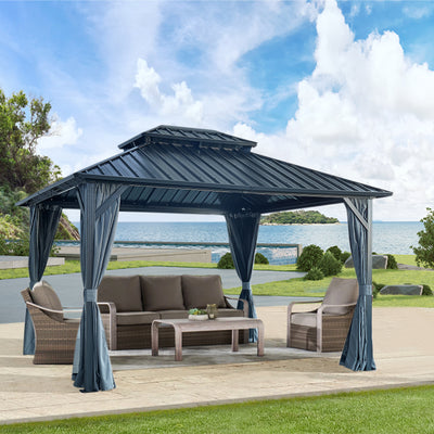 Segmart 10' x 12' Hardtop Gazebo Outdoor, Galvanized Steel Aluminum Metal Double Roof Gazebo with Netting and Curtains, Permanent Patio Gazebo Pavilion for Backyard, Deck, Lawn, Gray