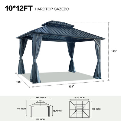 Segmart 10' x 12' Hardtop Gazebo Outdoor, Galvanized Steel Aluminum Metal Double Roof Gazebo with Netting and Curtains, Permanent Patio Gazebo Pavilion for Backyard, Deck, Lawn, Gray