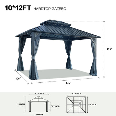 Segmart 12' x 12' Hardtop Gazebo Outdoor, Galvanized Steel Aluminum Metal Double Roof Gazebo with Netting and Curtains, Permanent Patio Gazebo Pavilion for Backyard, Deck, Lawn, Gray