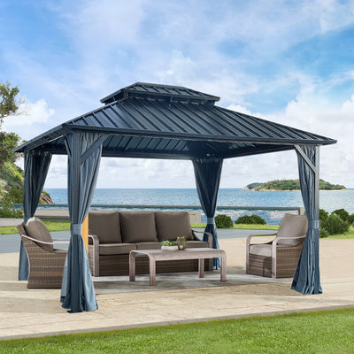 Segmart 12' x 12' Hardtop Gazebo Outdoor, Galvanized Steel Aluminum Metal Double Roof Gazebo with Netting and Curtains, Permanent Patio Gazebo Pavilion for Backyard, Deck, Lawn, Gray