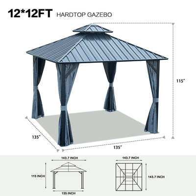 Segmart 12' x 12' Hardtop Gazebo Outdoor, Galvanized Steel Aluminum Metal Double Roof Gazebo with Netting and Curtains, Permanent Patio Gazebo Pavilion for Backyard, Deck, Lawn, Gray