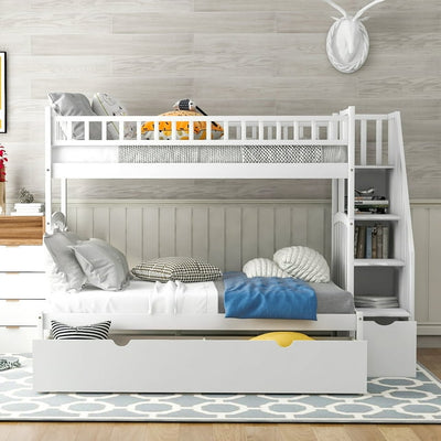 Bunk Beds Twin-Over-Twin, Kids Twin Over Twin Loft Bed with Stairs and Guard Rail, Wood Convertible Bunk Bed Frame with Trundle and Drawers, Easy Assembly, No Spring Box Needed, White, SS814