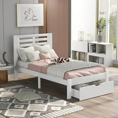 Kids Twin Bed Frame, Elegant Wood Bed Frame with Storage Drawers, Solid Wood Platform Bed with Solid Pine Wood Headboard, Wood Slat Support Mattress Foundation, 220lb Capacity, White, SS989