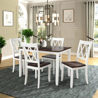 Kitchen Dining Table Set with 4 Pieces Chairs, Smooth Surface Wood Dinette Set, Solid Acacia Wood Rectangular Breakfast Table with Solid Wood Legs for Dining Room, White+Cherry, S8077