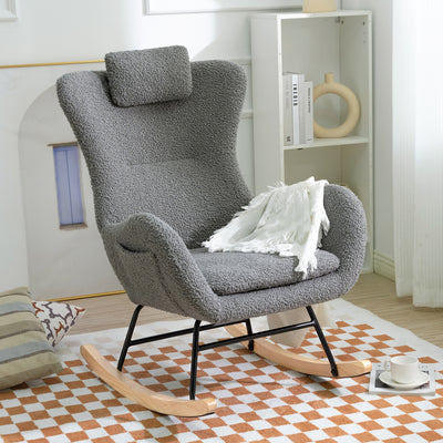 Nursery Rocking Chair, Modern Teddy Fabric Glider Chair for Mom and Baby, Accent Upholstered Rocker Glider Chair with High Backrest for Nursery Bedroom Living Room, Gray