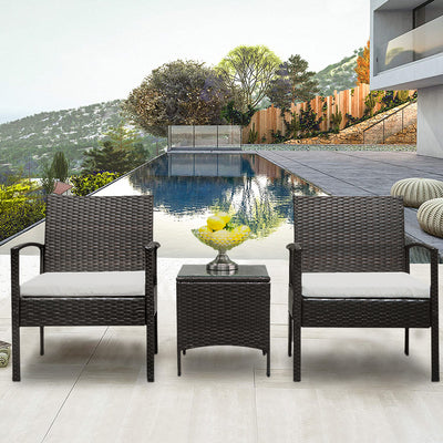 Outdoor Conversation Sets, 3 Piece Wicker Patio Set With Glass Dining Table, Modern Bistro Patio Set Rattan Chair Patio Furniture Sets with Coffee Table for Backyard, Porch, Garden, Poolside, L4776