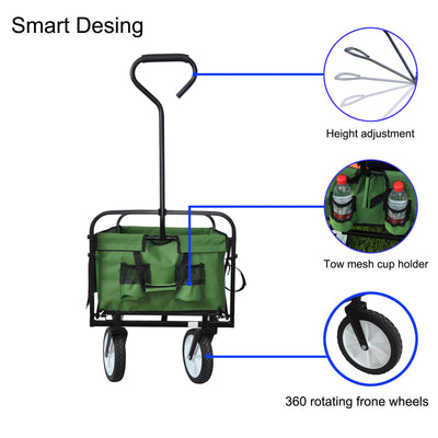 Segmart Folding Wagon Camp Cart, Outdoor Beach Wagon with Adjustable Handle & 2 Mesh Cup Holders, Utility Wagon Perfect for Camping, Beach, 150lbs, Green, S10484