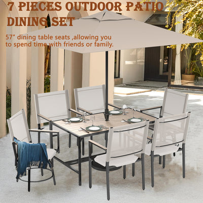 Segmart 7 PCS Outdoor Patio Dining Set, Rectangular Steel Dining Table with 1.57" Umbrella Hole, 4 Stackable Textilene Chairs & 2 Swivel Chairs, Conversation Furniture Set for Yard, Garden, Poolside