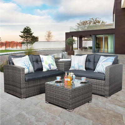 Outdoor Patio Chairs & Seating Sets Furniture for Outdoor Patio, 4-Piece Wicker Conversation Set w/L-Seats Sofa, R-Seats Sofa, Cushion box, Tempered Glass Dining Table, Padded Cushions, S9136