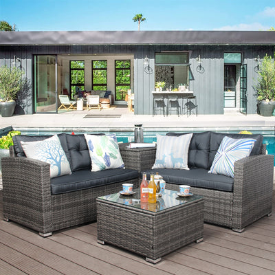 Outdoor Patio Chairs & Seating Sets Furniture for Outdoor Patio, 4-Piece Wicker Conversation Set w/L-Seats Sofa, R-Seats Sofa, Cushion box, Tempered Glass Dining Table, Padded Cushions, S9136