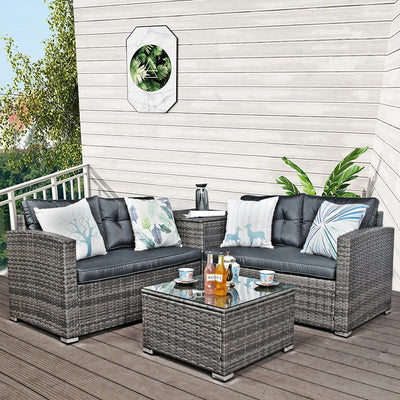 Outdoor Patio Chairs & Seating Sets Furniture for Outdoor Patio, 4-Piece Wicker Conversation Set w/L-Seats Sofa, R-Seats Sofa, Cushion box, Tempered Glass Dining Table, Padded Cushions, S9136