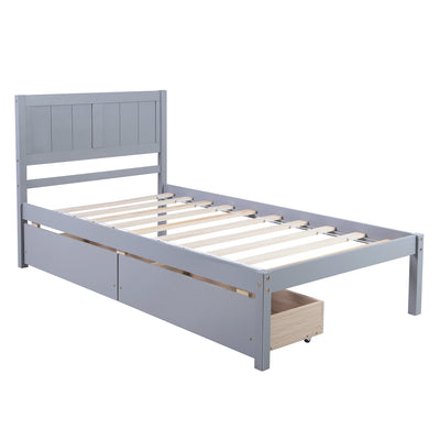 Twin Size Platform Bed, Elegant Kids Wood Bed Frame with 2 Drawers, Minimalistic Wood Platform Bed with Solid Pine Wood Headboard, Wood Slat Support Mattress Foundation, Twin, White, SS953