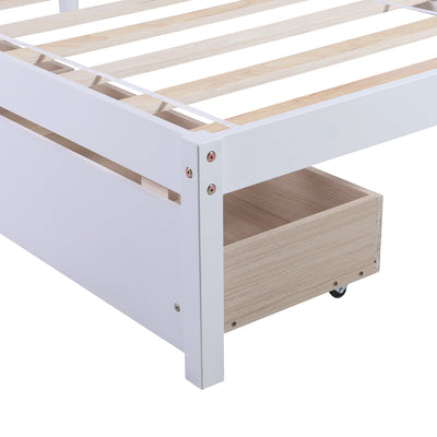 Twin Size Platform Bed, Elegant Kids Wood Bed Frame with 2 Drawers, Minimalistic Wood Platform Bed with Solid Pine Wood Headboard, Wood Slat Support Mattress Foundation, Twin, White, SS953