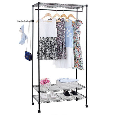 Portable Clothes Rack, Heavy Duty Hanging Garment Rack with Wheels and Side Hooks, 3 Shelves Wire Shelving Rack With Hanger Rods, Freestanding Closet Wardrobe Rack for Home Bedroom