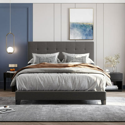 Queen-Size Upholstered Bed Frame, Grey Button Tufted Platform Queen Bed Frame with Headboard, Linen Fabric Bed Frame with Wood Slat Support, Box Spring Needed, Easy Assembly, 500lbs, Grey, SS689