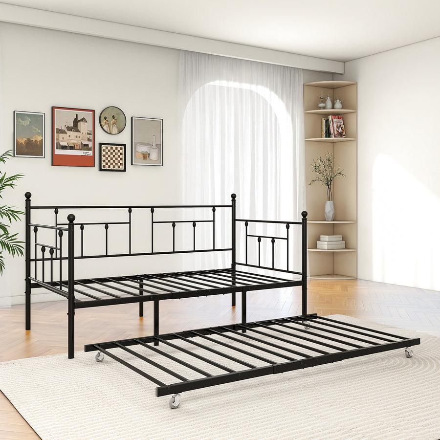 Metal Daybed Frame Twin Size Platform with trundle, metal trundle Daybed wth Roll Out Trundle and Slat Support, No Box Spring Needed, Built-in Casters, Easy Assembly,  Black