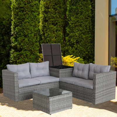 Rattan Wicker Patio Furniture, 4 Piece Patio Furniture Sofa Sets with Loveseat Sofa, Storage Box, Tempered Glass Coffee Table, All-Weather Patio Conversation Set with Cushions for Backyard Garden Pool