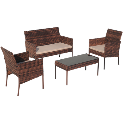 Rattan Wicker Patio Set, SEGMART 4 Piece All-Weather Outdoor Conversation Set with Glass Top Table, Loveseat, Cushioned Chairs, Modern Patio Furniture Set for Yard, Porch, Garden, Poolside, Brown