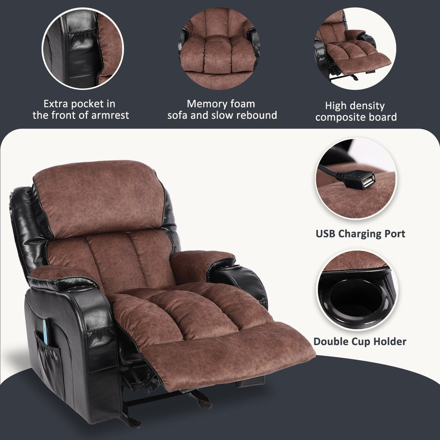 Massage Recliner Sofa with Remote Control, Single PU Leather Ergonomic Recliner Chaise Chair w/Rocking Function and Side Pocket, for Home, Lounge, Psychotherapy Room