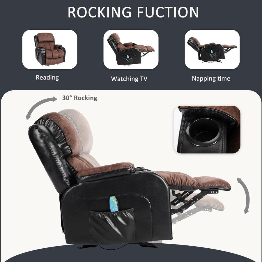 Segmart Massage Recliner Chairs with Remote Control, PU Leather Ergonomic Recliner Chair with Bread-Type Handrail & Padded Seat Backrest, Black & Brown