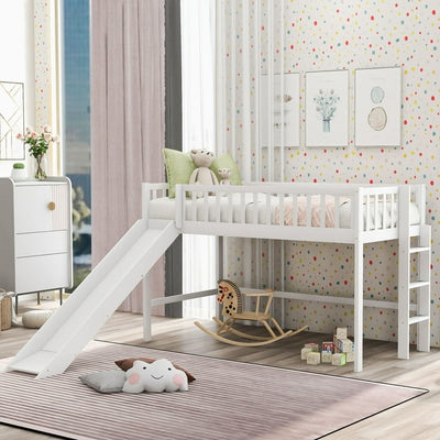 SEGMART Loft Bed Frame Bedroom Furniture, Modern Twin-Size Kids Low Wood Loft Bed with Ladder and Slide, Sturdy Mattress Foundation Bedroom with Storage Shelves, White, SS1161