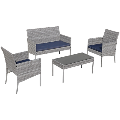 SEGMART Outdoor Patio Furniture Set, 4 Piece Modern Rattan Wicker Patio Conversation Set, Glass Top Table Cushioned Sofa Set for Yard, Pool or Backyard, Gray