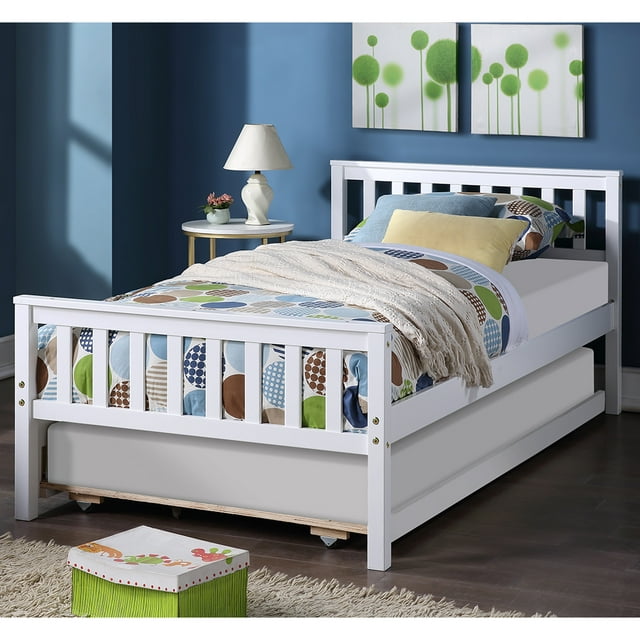 SEGMART Twin Bed Frame, Kids Wood Platform Bed Frame with Pull-out Combination Bed with Casters, Solid Wood Platform Bed with Headboard, Wood Slat Support Mattress Foundation, White, SS1277