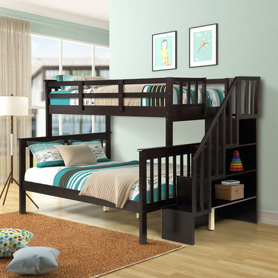 SEGMART Wood Bunk Beds for Kids, 76.97'' x 51.57'' Solid Wood Twin-Over-Full Kids Bed, Sturdy Wood Twin-Over-Full Bunk Beds w/ 4 Storage Shelves, 4-Step Ladder, Full-Length Guardrails, 250lbs, S1934