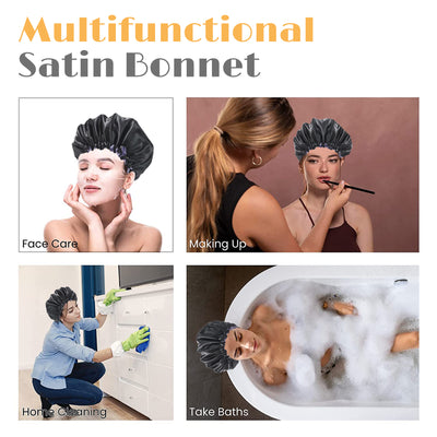 Segmart 2 Pieces Satin Bonnet for Sleeping, Breathable Soft Elastic Band Silk Bonnet for Black Women Natural Hair Care, Reversible Double Layer Large Sleep Cap, Included Silk Scrunchy, Black & Blue