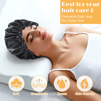 Segmart 2 Pieces Satin Bonnet for Sleeping, Breathable Soft Elastic Band Silk Bonnet for Black Women Natural Hair Care, Reversible Double Layer Large Sleep Cap, Included Silk Scrunchy, Black & Blue