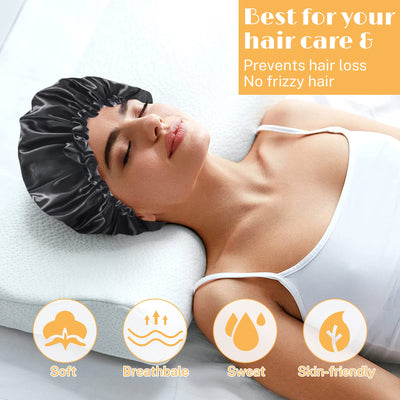 Segmart Satin Bonnet for Sleeping, Breathable Soft Elastic Band Silk Bonnet for Black Women Natural Hair Care, Reversible Double Layer Large Sleep Cap, Included Silk Scrunchy, Black