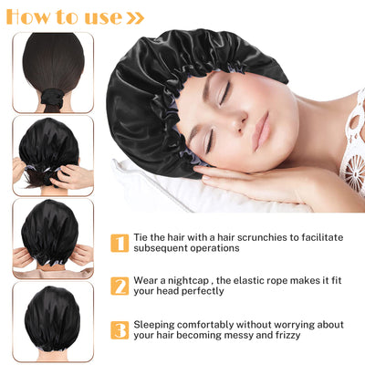 Segmart 2 Pieces Satin Bonnet for Sleeping, Breathable Soft Elastic Band Silk Bonnet for Black Women Natural Hair Care, Reversible Double Layer Large Sleep Cap, Included Silk Scrunchy, Black & Blue