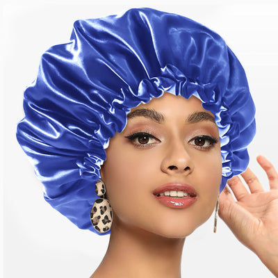Segmart 2 Pieces Satin Bonnet for Sleeping, Breathable Soft Elastic Band Silk Bonnet for Black Women Natural Hair Care, Reversible Double Layer Large Sleep Cap, Included Silk Scrunchy, Black & Blue
