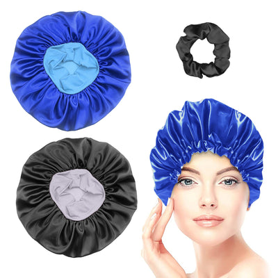 Segmart Satin Bonnet for Sleeping, Breathable Soft Elastic Band Silk Bonnet for Black Women Natural Hair Care, Reversible Double Layer Large Sleep Cap, Included Silk Scrunchy, Blue