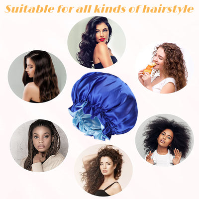 Segmart 2 Pieces Satin Bonnet for Sleeping, Breathable Soft Elastic Band Silk Bonnet for Black Women Natural Hair Care, Reversible Double Layer Large Sleep Cap, Included Silk Scrunchy, Black & Blue