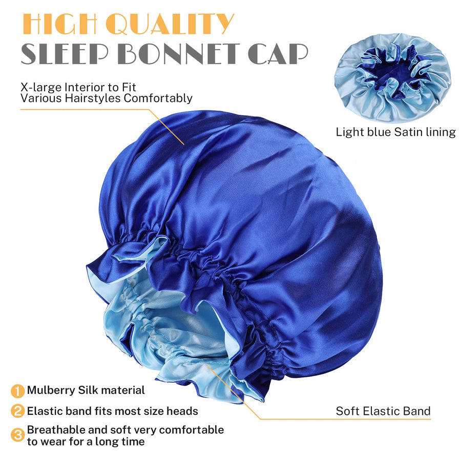 Segmart 2 Pieces Satin Bonnet for Sleeping, Breathable Soft Elastic Band Silk Bonnet for Black Women Natural Hair Care, Reversible Double Layer Large Sleep Cap, Included Silk Scrunchy, Blue
