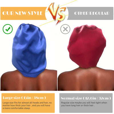 Segmart 2 Pieces Satin Bonnet for Sleeping, Breathable Soft Elastic Band Silk Bonnet for Black Women Natural Hair Care, Reversible Double Layer Large Sleep Cap, Included Silk Scrunchy, Black & Blue