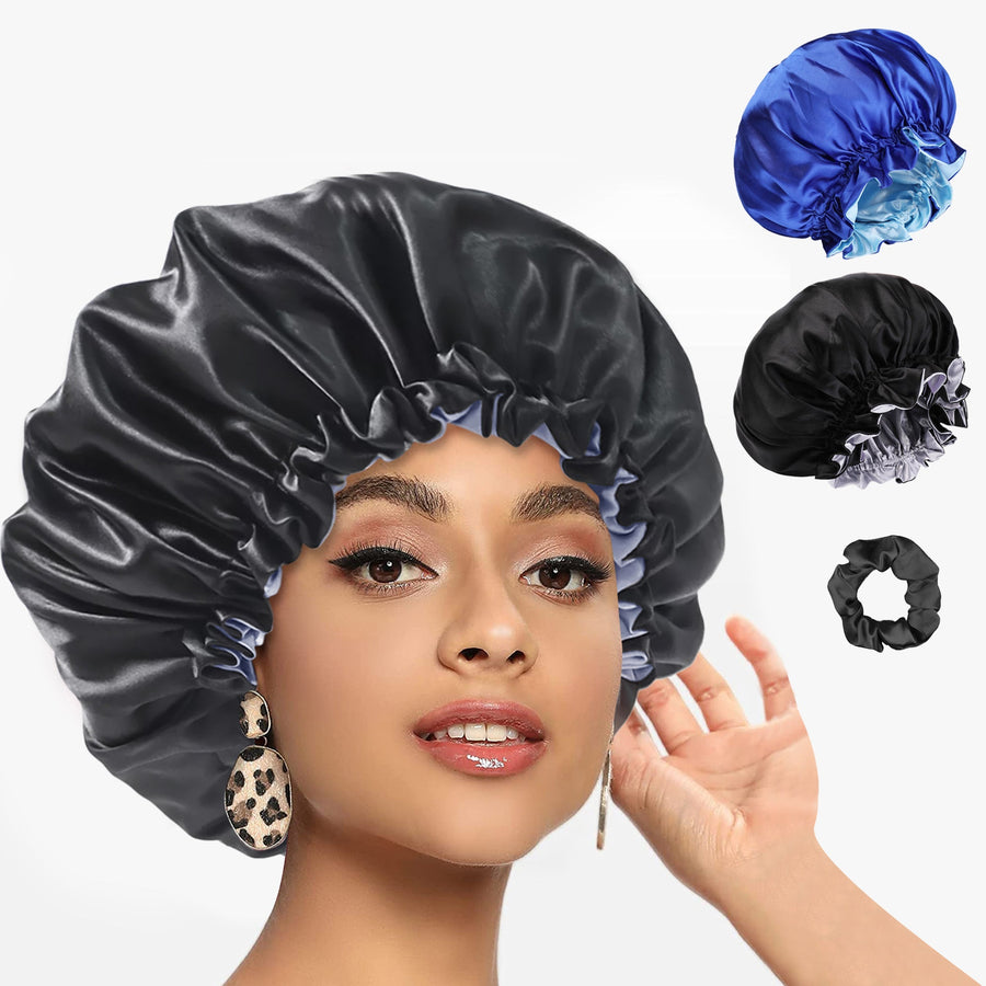 Segmart Satin Bonnet for Sleeping, Breathable Soft Elastic Band Silk Bonnet for Black Women Natural Hair Care, Reversible Double Layer Large Sleep Cap, Included Silk Scrunchy, Blue