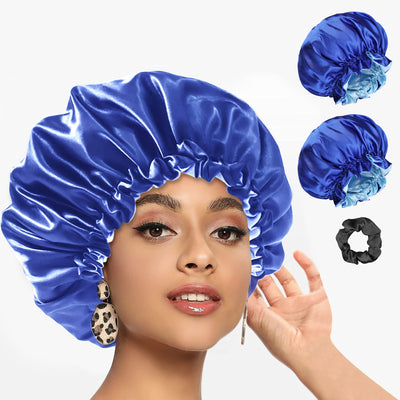 Segmart 2 Pieces Satin Bonnet for Sleeping, Breathable Soft Elastic Band Silk Bonnet for Black Women Natural Hair Care, Reversible Double Layer Large Sleep Cap, Included Silk Scrunchy, Blue