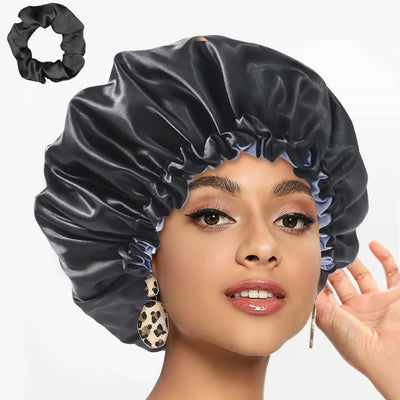 Segmart Satin Bonnet for Sleeping, Breathable Soft Elastic Band Silk Bonnet for Black Women Natural Hair Care, Reversible Double Layer Large Sleep Cap, Included Silk Scrunchy, Black