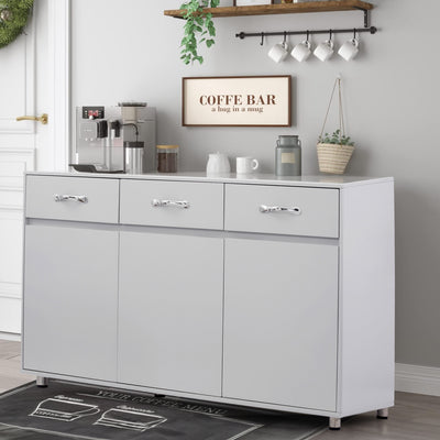 Sideboard Cabinet, Console Table with 3 Storage Drawers and 3 Cabinets, Elegant Modern Bathroom Cupboard Table with Adjustable Steel Tube Legs for Kitchen Dining Room Furniture Cupboard, White, S1367