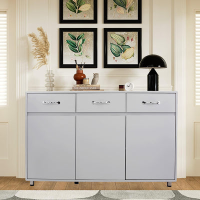 Sideboard Cabinet, Console Table with 3 Storage Drawers and 3 Cabinets, Elegant Modern Bathroom Cupboard Table with Adjustable Steel Tube Legs for Kitchen Dining Room Furniture Cupboard, White, S1367