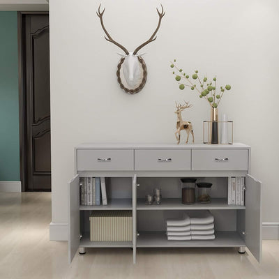 Sideboard Cabinet, Console Table with 3 Storage Drawers and 3 Cabinets, Elegant Modern Bathroom Cupboard Table with Adjustable Steel Tube Legs for Kitchen Dining Room Furniture Cupboard, Grey, S1387