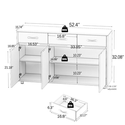 Buffet Cabinet, Console Table with 3 Storage Drawers and 3 Cabinets, Modern Simple Kitchen Sideboard Table with Steel Tube Legs, Grey Console Table for Kitchen Dining Room Furniture Cupboard, S1383